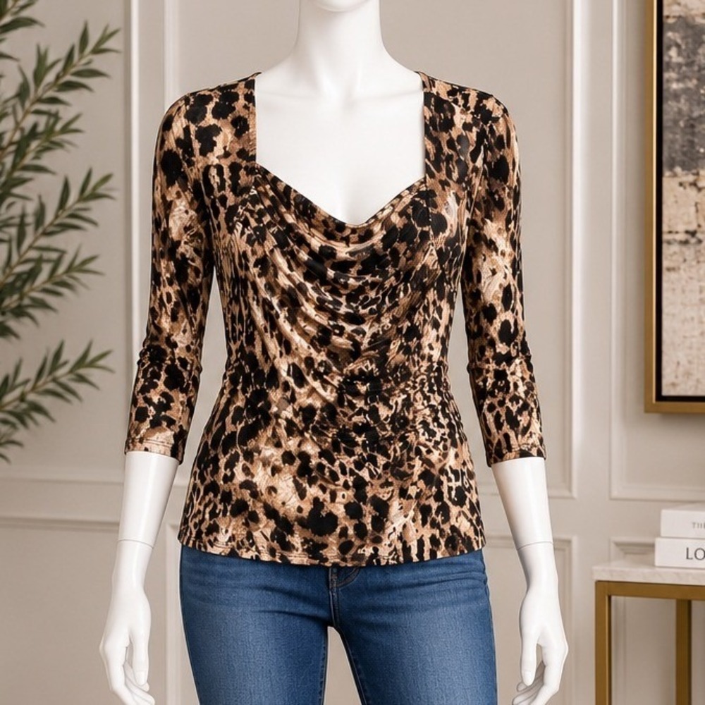 Cable & Gauge Women Top Leopard Print Cowl Neck 3/4 Sleeve Brown Tan Medium
